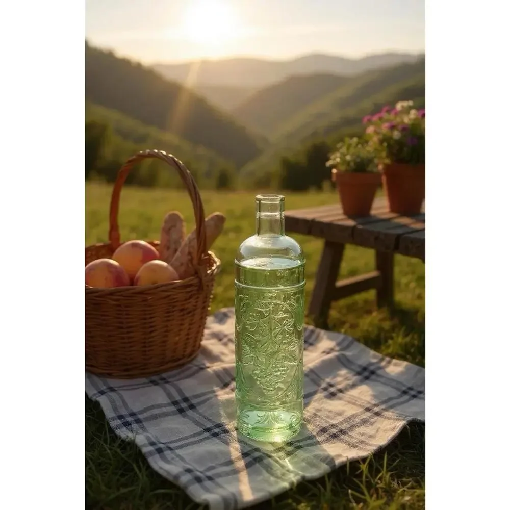 Williams Sonoma Spain 1990s Embossed Green Glass Bottle Grapevine Motif, 11.5”